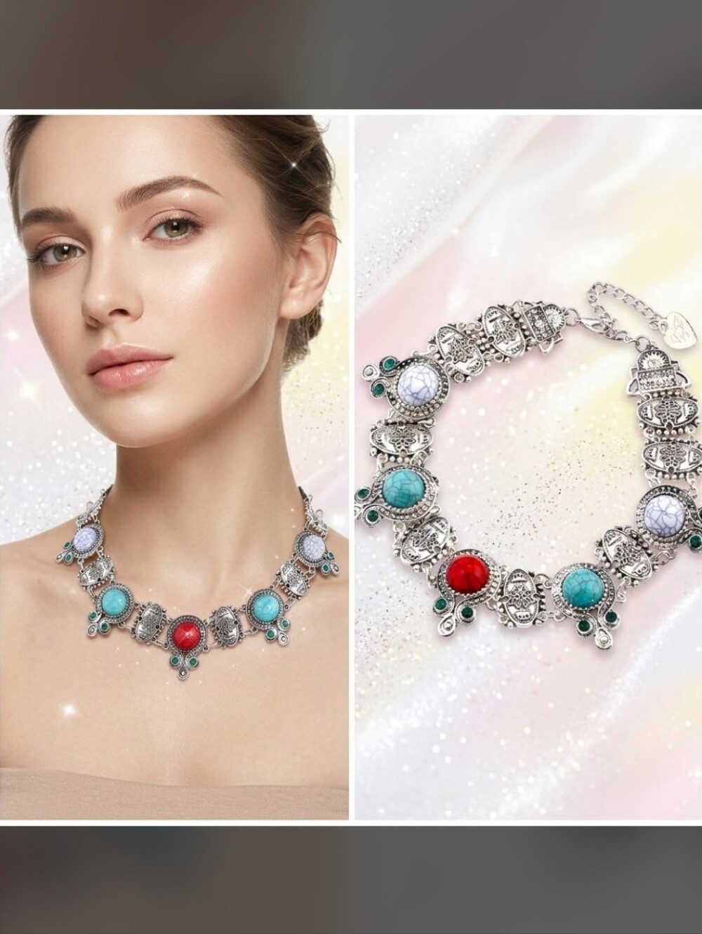 Silver red white and blue quartzstone necklace